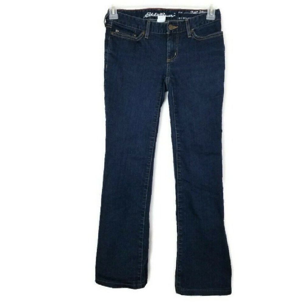 Eddie Bauer Womens Sz 0 PETITE Truly Straight Boot Cut Jeans Dark Wash 27x26 PO
